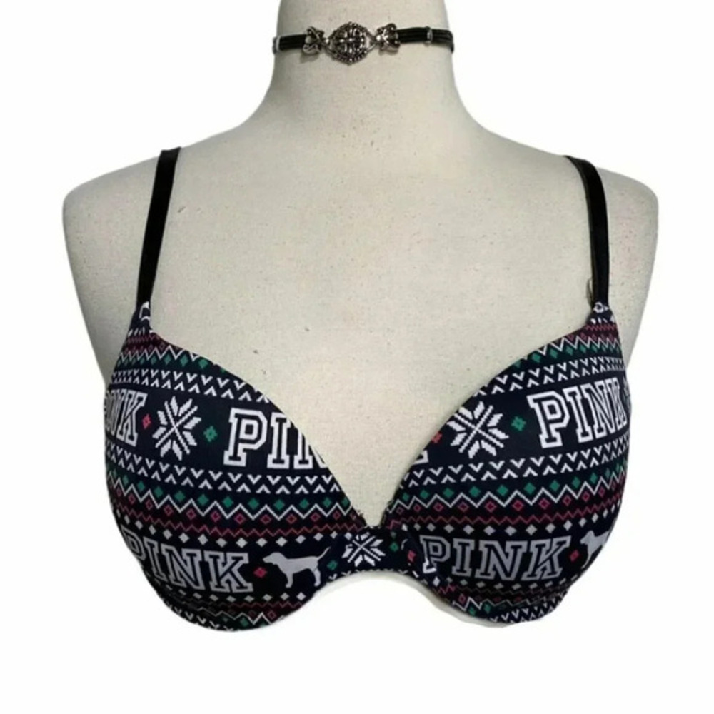 PINK Victoria's Secret Push Up Bra 36C Black Fair Isle‎ Snowflake Logo Print